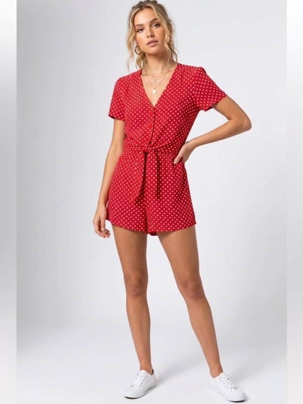 La Classe Red & White Polka Dot Tie-Waist Cut Out Short Sleeve Romper Small